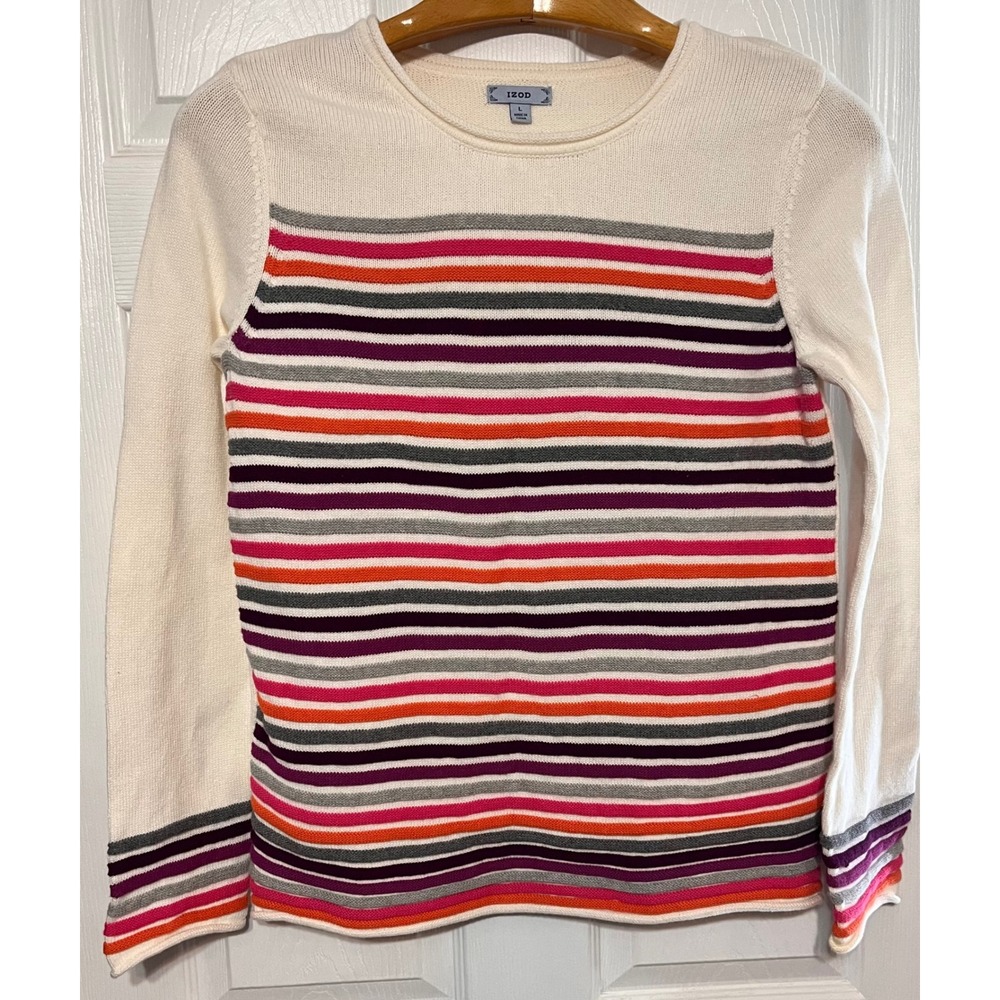 IZOD Womens Sweater Cream Multi Stripe Crew Neck‎ Long Sleeve Cotton Knit Top L